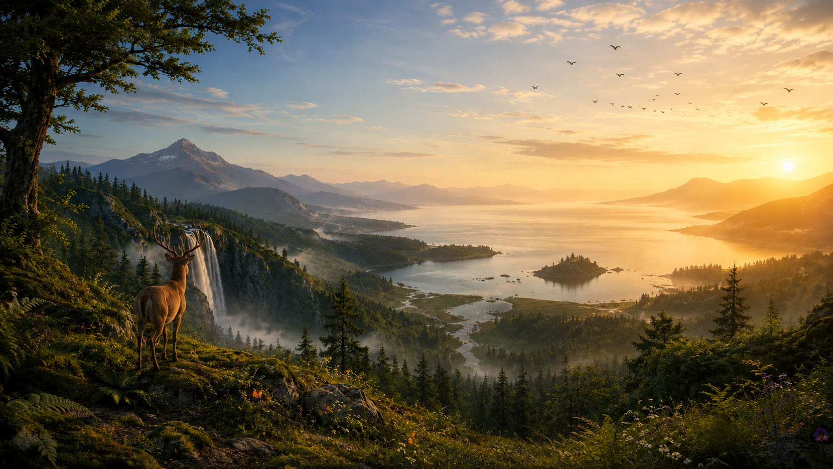 A serene mountain valley at sunset with a deer overlooking a waterfall, lake and distant peaks — Greener Games VR worlds