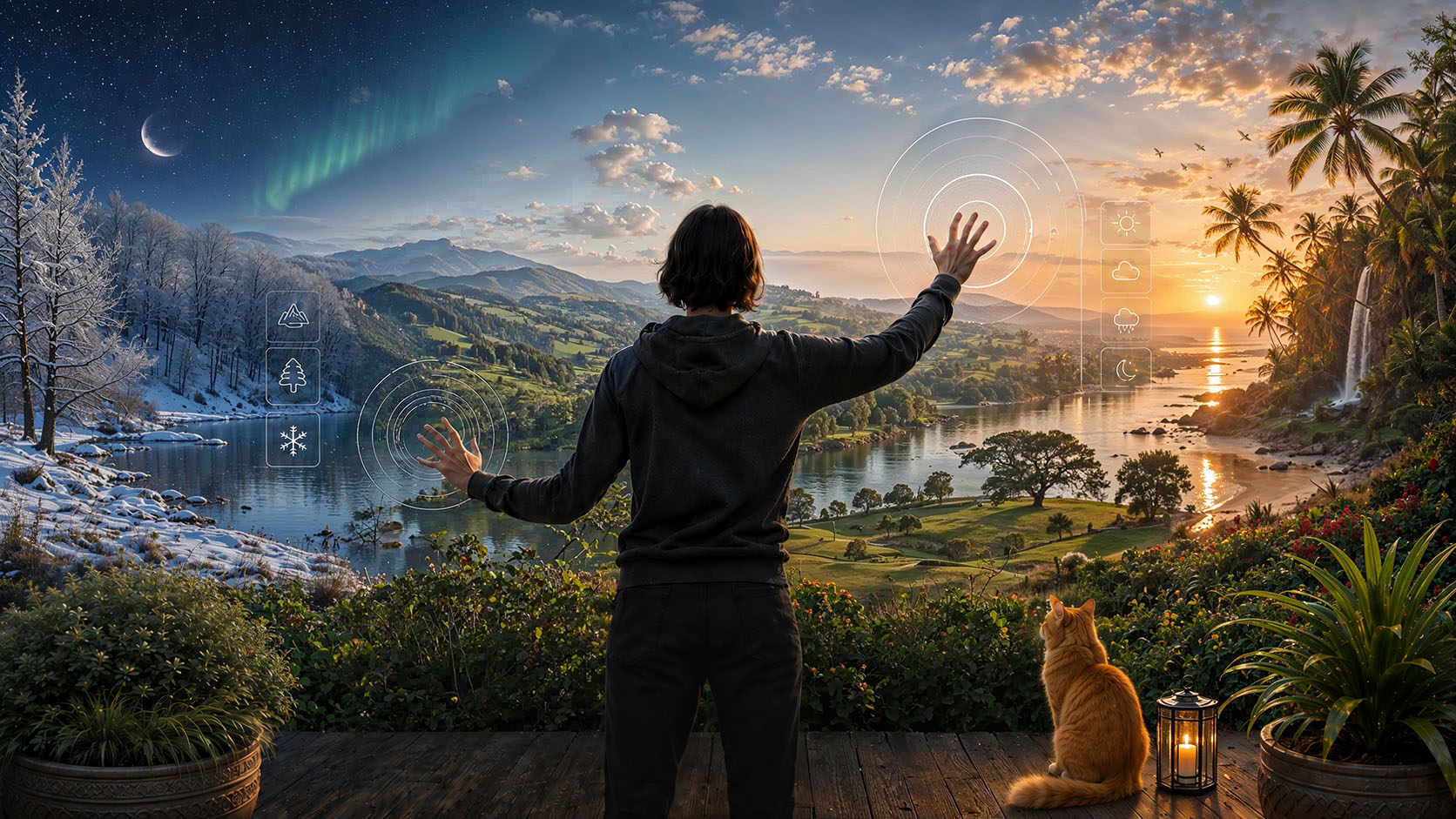 A person wearing a VR headset reaches into a chosen sanctuary — a mountain lake at golden hour with subtle aurora, a cat and lantern beside them