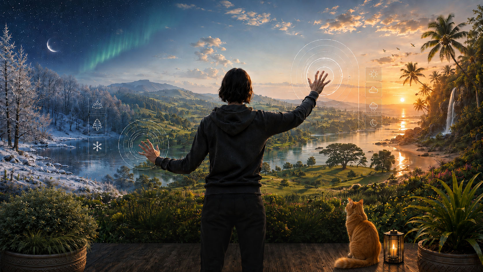 A person wearing a VR headset reaches into a chosen sanctuary — a mountain lake at golden hour with subtle aurora, a cat and lantern beside them