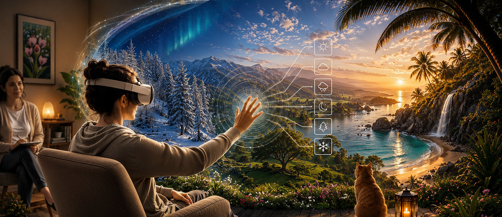 A clinician sits beside a person wearing a VR headset whose chosen sanctuary — snowfield, mountain valley, tropical shore — wraps around them