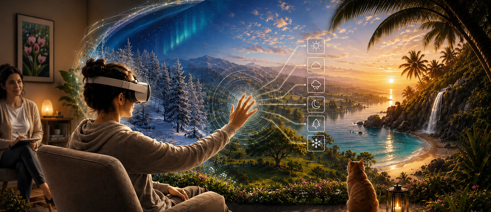 A clinician sits beside a person wearing a VR headset whose chosen sanctuary — snowfield, mountain valley, tropical shore — wraps around them
