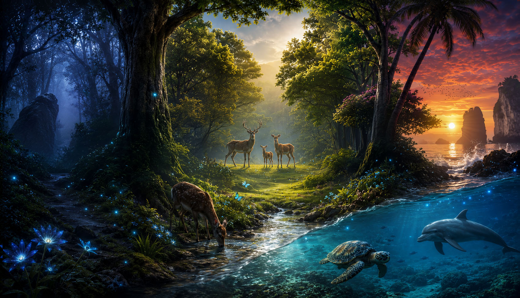 A forest scene with a stream and a deer in golden morning light — Nature Treks VR