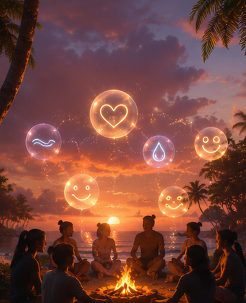 Silhouettes of friends gathered around a campfire on a tropical shore at sunset