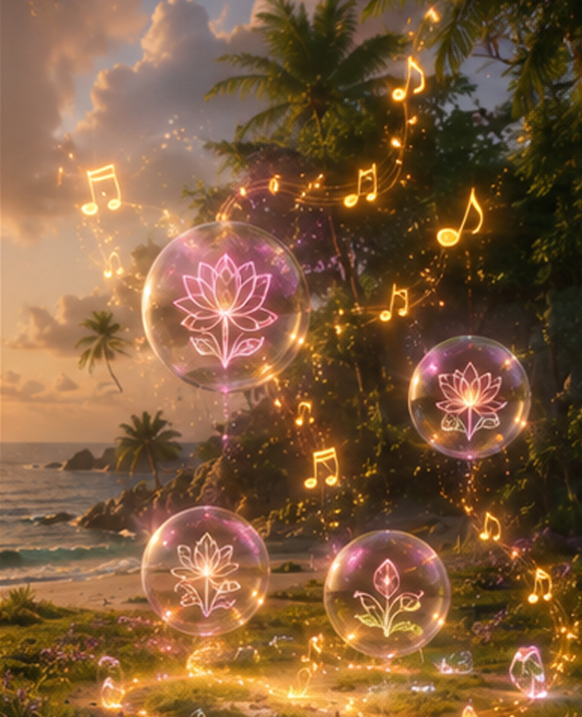 Glowing creative shapes floating in a tranquil forest clearing