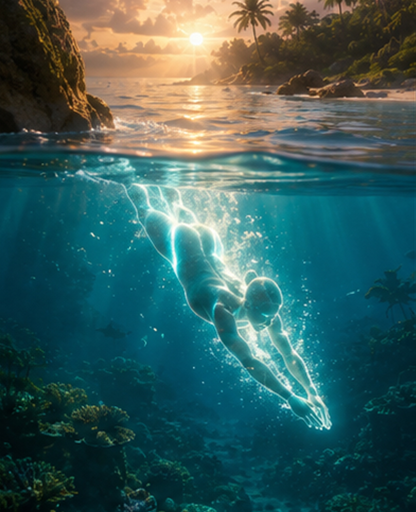 Sun shafts piercing through a kelp forest underwater