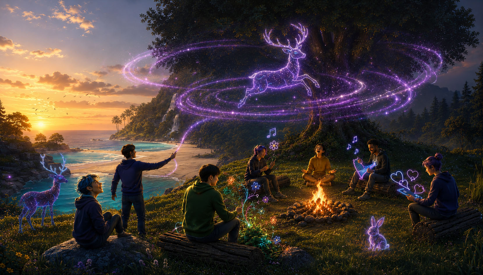 A small group gathered on a tropical shore at sunset, watching the horizon together — Nature Treks: Together